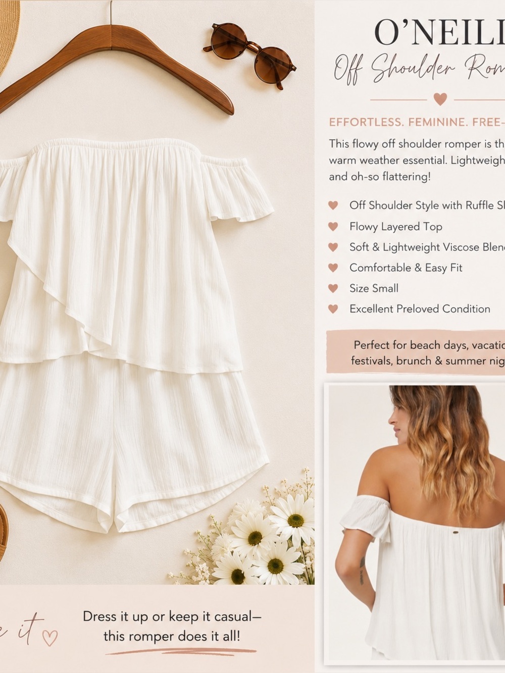 O'Neill Lilio Off Shoulder Romper Size Small – Ruffle Detail, Summer Style
